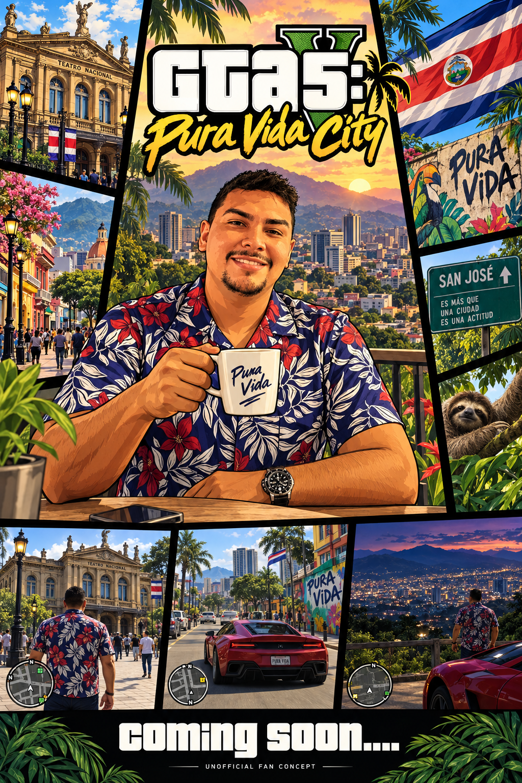 GTA5: Pura Vida City fan concept poster. A smiling man in a tropical floral shirt overlooks San José, Costa Rica, surrounded by illustrated city scenes, a Costa Rican flag, and three fictional gameplay screenshots.